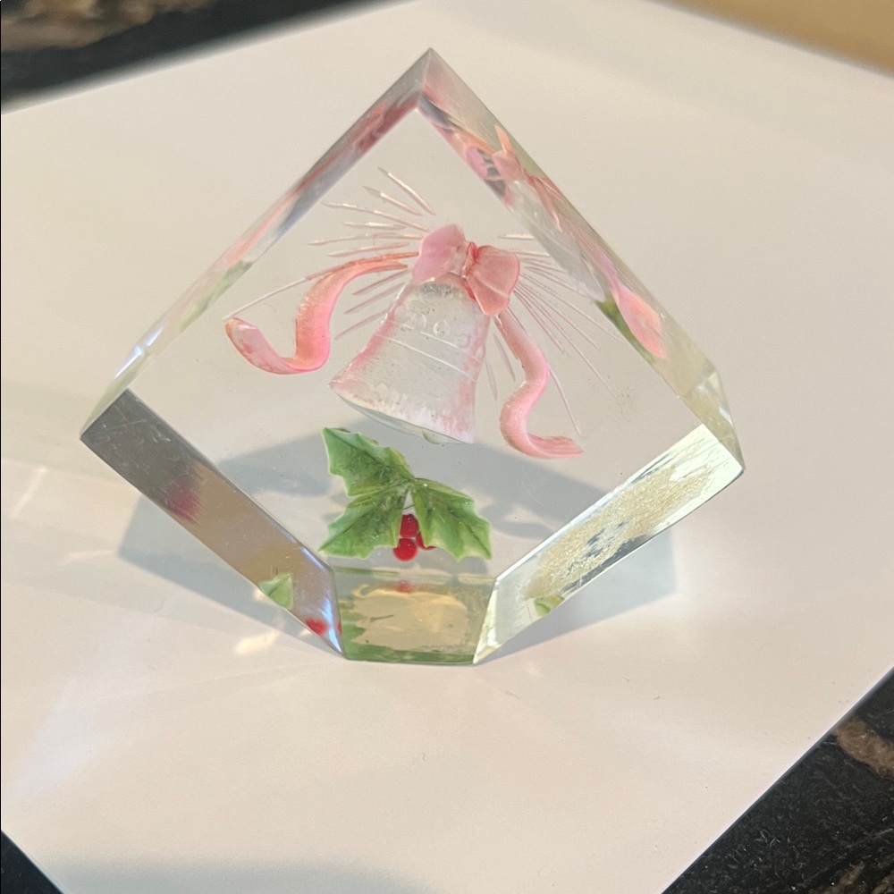 Vintage Etched Plastic Bell Paperweight with Pink Ribbon and Holly
